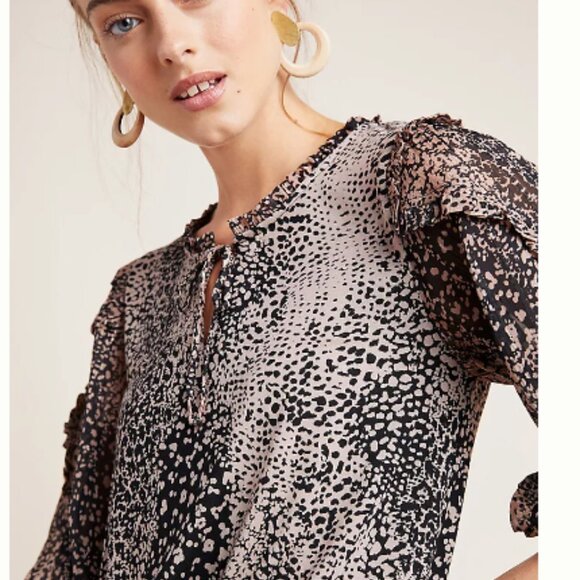 Anthropologie Maeve Jacquin Peasant Tan & Black Print Ruffle Blouse Size M EUC - Picture 4 of 11
